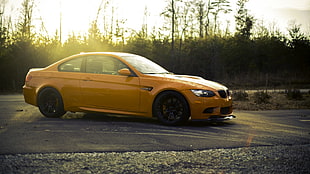 yellow coupe, BMW, car