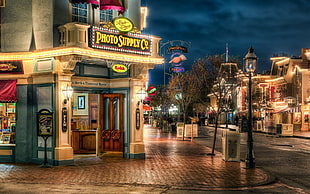 brown wooden house miniature with brown wooden cabinet, cityscape, street, HDR, Disneyland