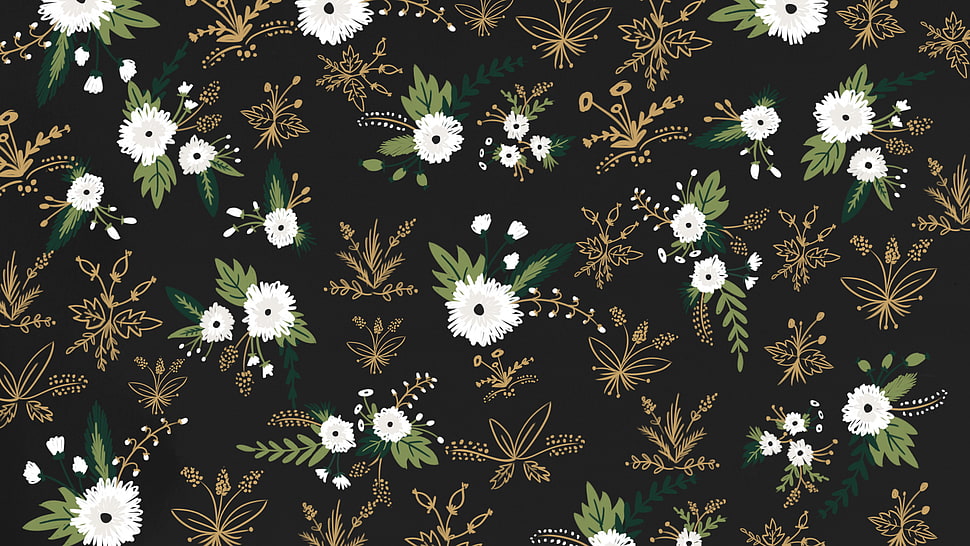 black and white floral textile, digital art, abstract, pattern, CGI HD wallpaper