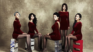 women's red velvet scoop-neck long-sleeved mini dress, Asian, women, group of women, brunette