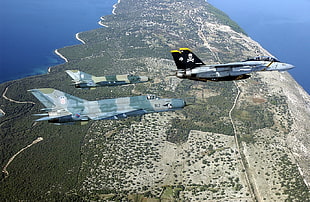 three assorted-color military fighter planes, airplane, F-14 Tomcat, MiG-21, military aircraft
