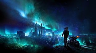 digital photo of man standing watch aurora sky over high rise buildings