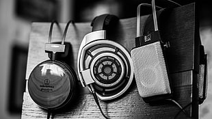 three headphones grayscale wallpaper, headphones, monochrome, music