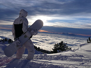 white snowboard with bindings, snowboarding, snowboards, snow, landscape