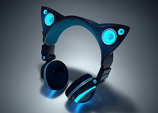 black wireless cat-themed fullsize headphones HD wallpaper
