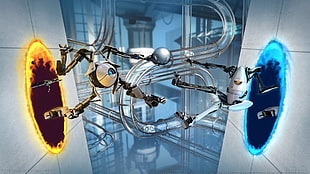 two robot fight digital wallpaper, Portal (game), video games, 3D, P-body