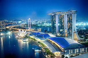 photo of Marina Bay Sands, Singapore during nighttime in panoramic photo HD wallpaper