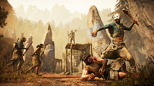 man holding weapon near rocks and trees digital wallpaper, FarCry Primal , far cry primal, video games