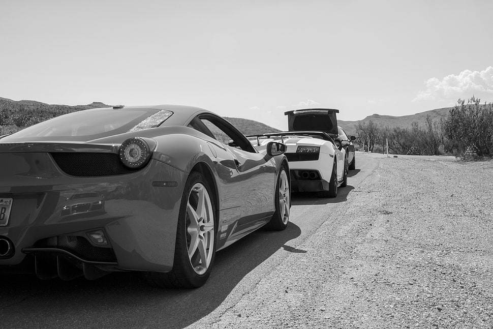 two sports cars, Ferrari 458, Ferrari 458 Italia, Lamborghini, vehicle HD wallpaper