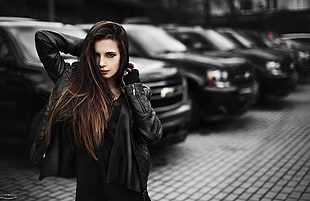 women's black leather jacket, women, brunette, long hair, jacket HD wallpaper