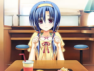 blue haired anime girl wearing yellow dress