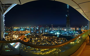gray steel handrails, night, cityscape, Dubai