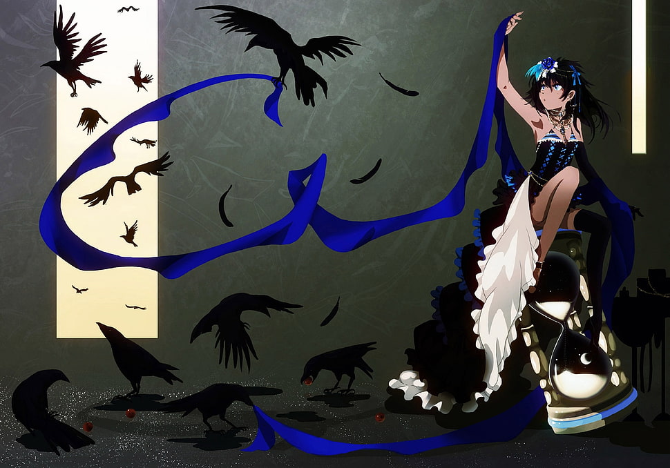 blue haired female anime character surrounded with crows digital wallpaper HD wallpaper