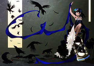 blue haired female anime character surrounded with crows digital wallpaper