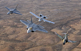 four gray fighter jets, General Dynamics F-16 Fighting Falcon, McDonnell Douglas F-4 Phantom II, Fairchild A-10 Thunderbolt II, F-22 Raptor
