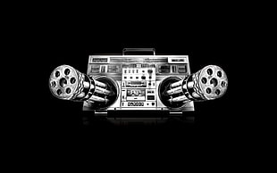 grayscale photo of a boombox radio artwork