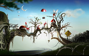 huts on tree digital painting, fantasy art HD wallpaper