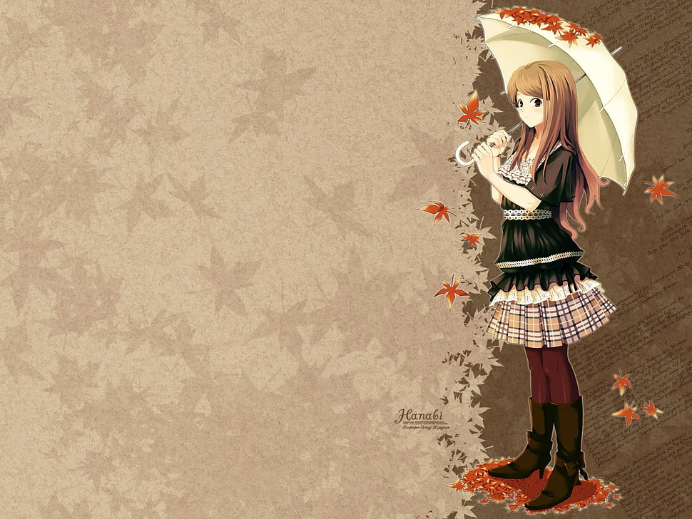brown haired girl holding umbrella anime character illustration HD wallpaper