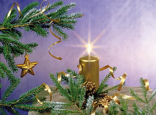 gold-colored pillar candle and Christmas tree digital wallpaper