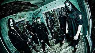 group of man wearing black suit, Slipknot, metal band