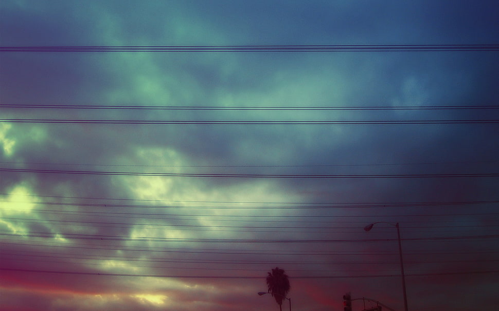 brown wooden 4-drawer dresser, sky, power lines, clouds HD wallpaper