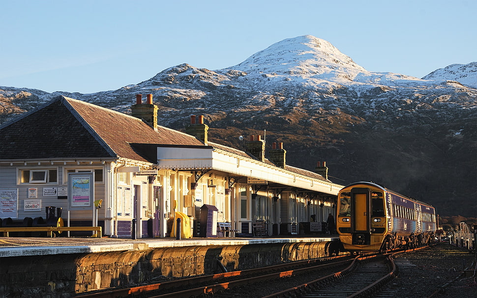 black and brown train, train station, train, mountains, snowy peak HD wallpaper