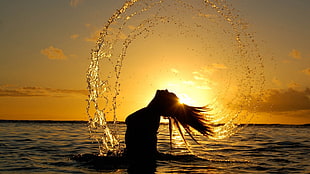 silhouette photo of woman weeping hair in shore