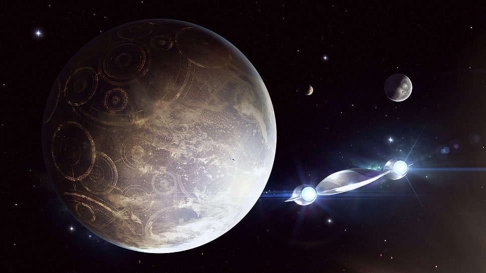 gray planet and spaceship digital art, artwork, fantasy art, spaceship, planet HD wallpaper