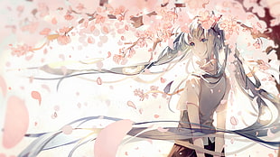 female anime character in white and gray shirt, Hatsune Miku