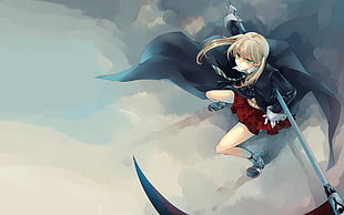 female anime character wearing black coat and red skirt painting HD wallpaper