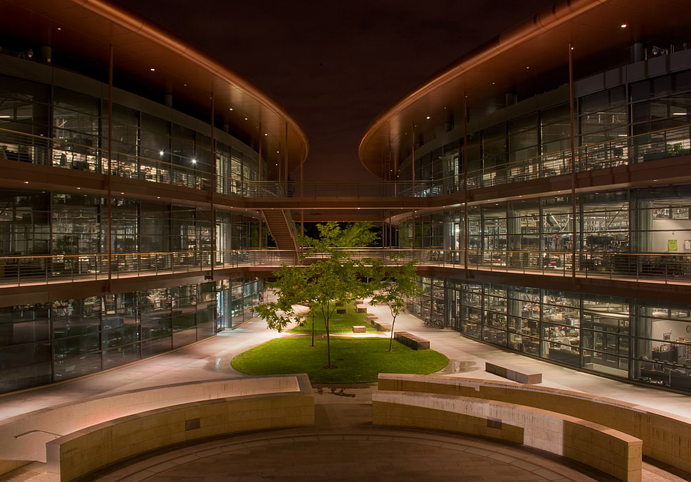 brown and white concrete building, architecture, night, modern, Stanford University HD wallpaper