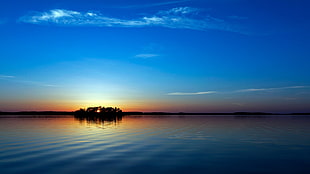 islet, sunset, sky, water, sunlight HD wallpaper
