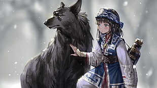 girl character beside wolf illustration, fantasy art, anime, snow, wolf