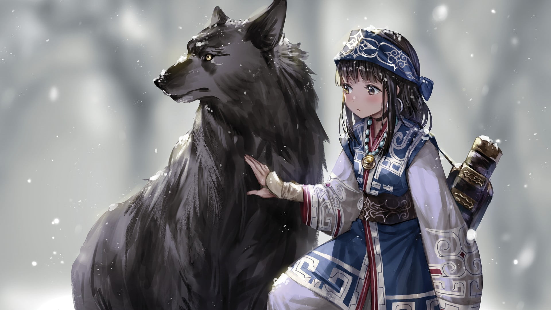 Girl Character Beside Wolf Illustration Fantasy Art Anime Snow