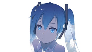 blue haired female anime character, Hatsune Miku, sky