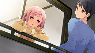 pink haired girl on terrace beside black haired boy anime scene HD wallpaper