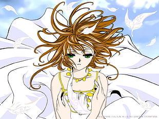 blonde hair woman and white and gold-colored dress anime character