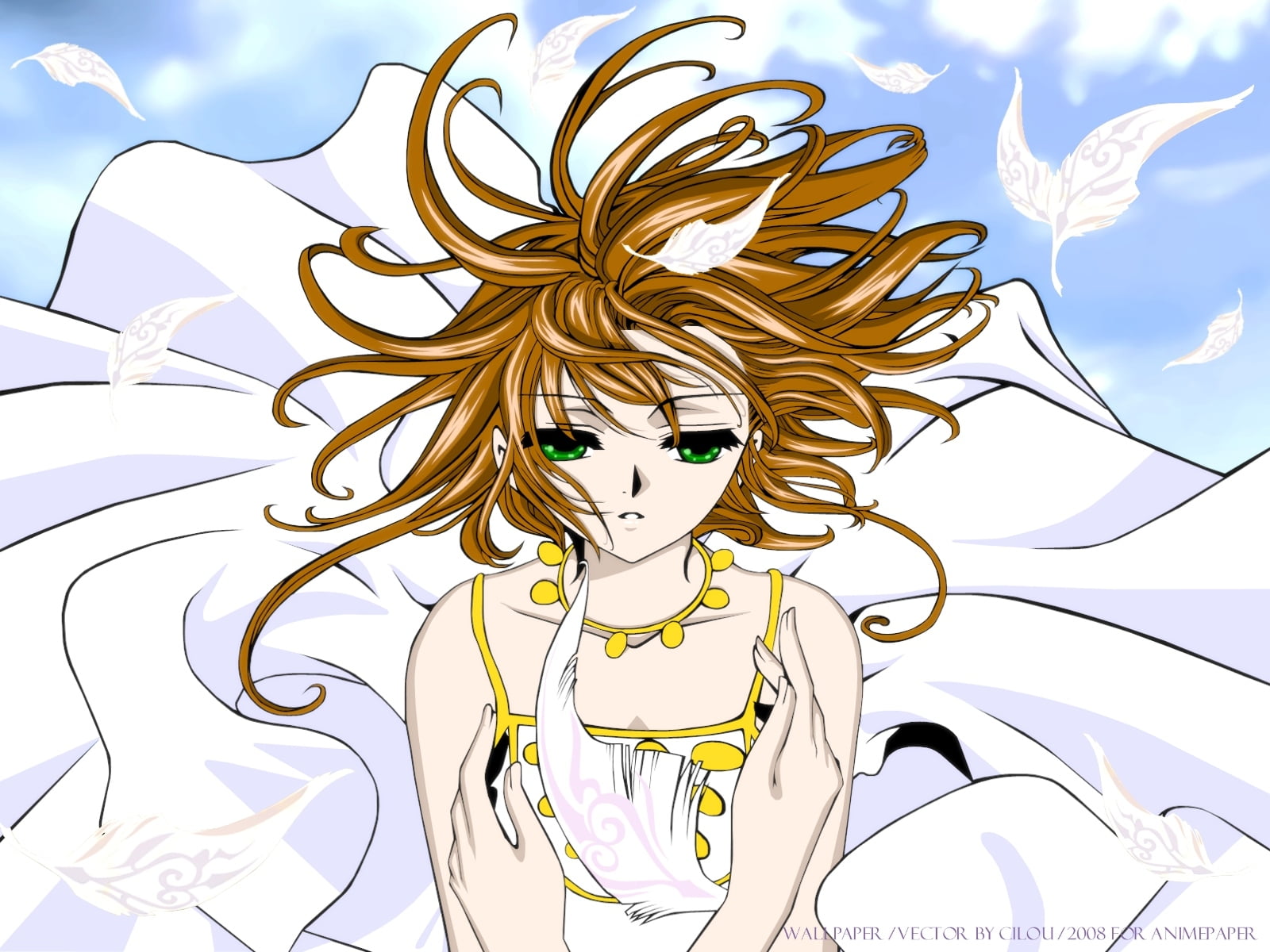 blonde hair woman and white and gold-colored dress anime character