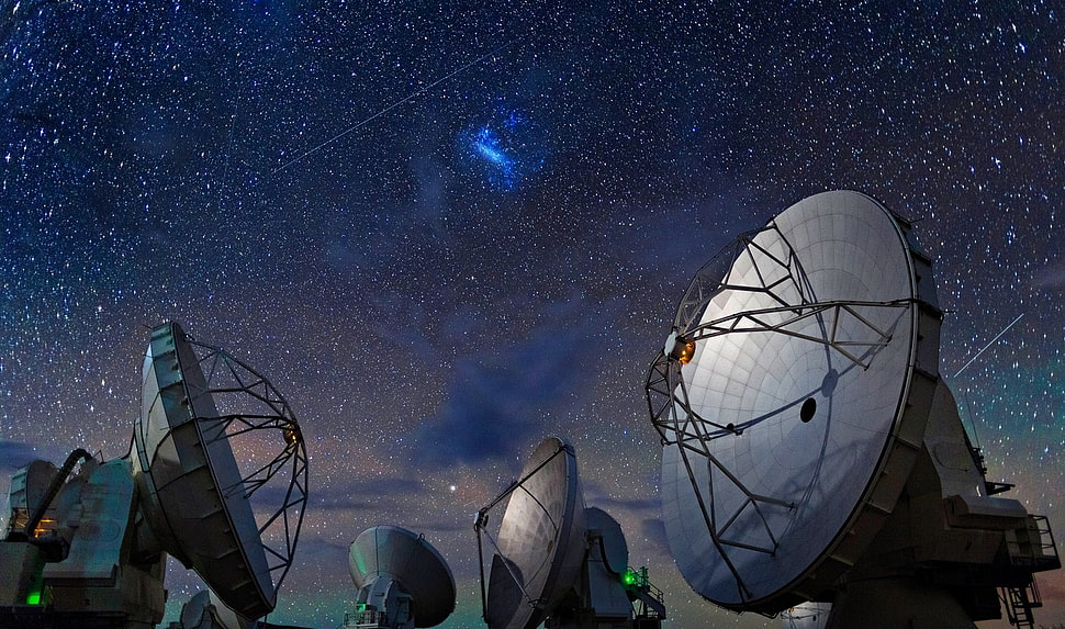 silver satellite illustration, ALMA Observatory, Chile, space, starry night HD wallpaper