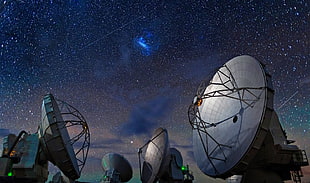 silver satellite illustration, ALMA Observatory, Chile, space, starry night HD wallpaper