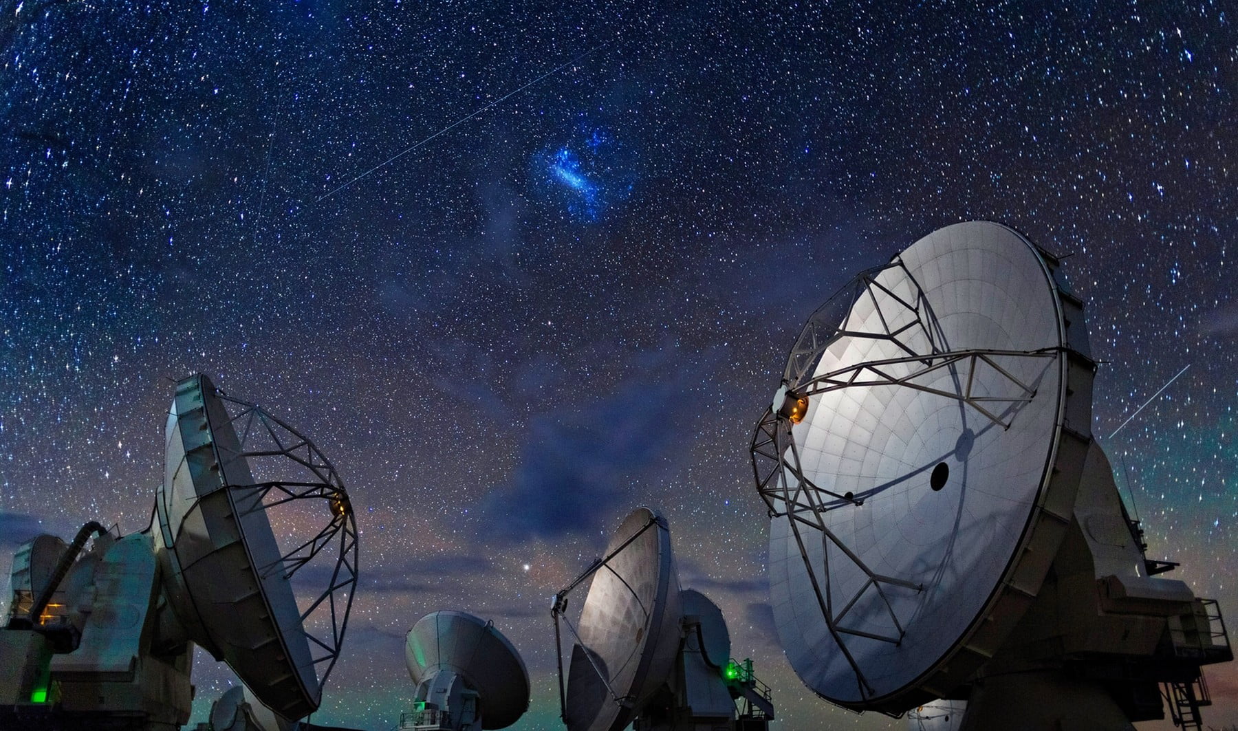silver satellite illustration, ALMA Observatory, Chile, space, starry night