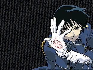 black haired anime male character in blue suit, Full Metal Alchemist, Roy Mustang, anime