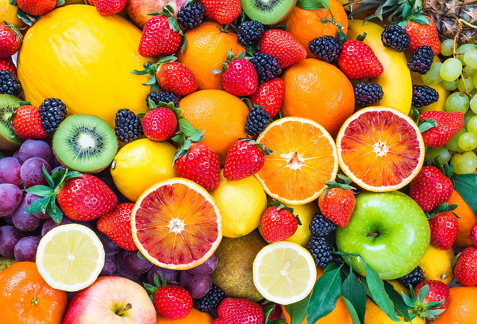 bunch of assorted fruit lot, food, fruit, strawberries, blood orange HD wallpaper