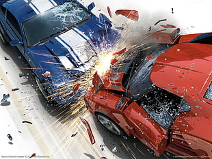 red and blue vehicles digital wallpaper, Burnout (video game), crash, Lamborghini, muscle cars