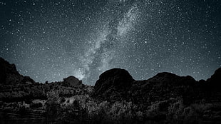 landscape photography of mountains under night sky, mountains, galaxy, space, blue