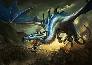 blue and gray dragon digital wallpaper, dragon, warrior, war, fantasy art HD wallpaper