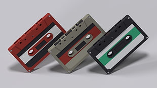three gray, red, and black cassette tapes, CGI, cassette, audio