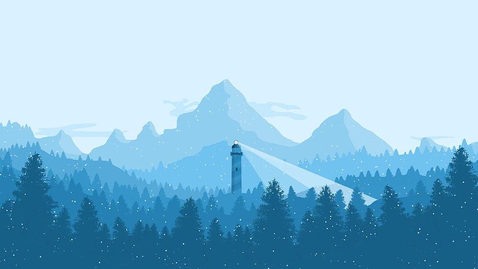 lighthouse illustration, winter, blue, mountains, lighthouse HD wallpaper
