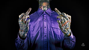 men's purple button-up dress shirt, tattoo, shirt HD wallpaper