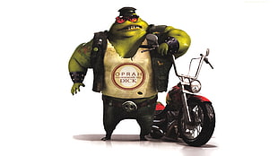 Oprah Dick monster near motorcycle illustration, frog, digital art